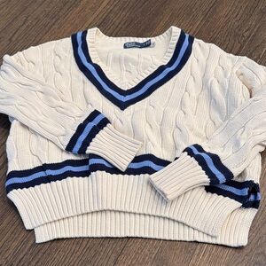 Polo Ralph Lauren V-Neck Cable Knit Sweater - Cream and Navy
